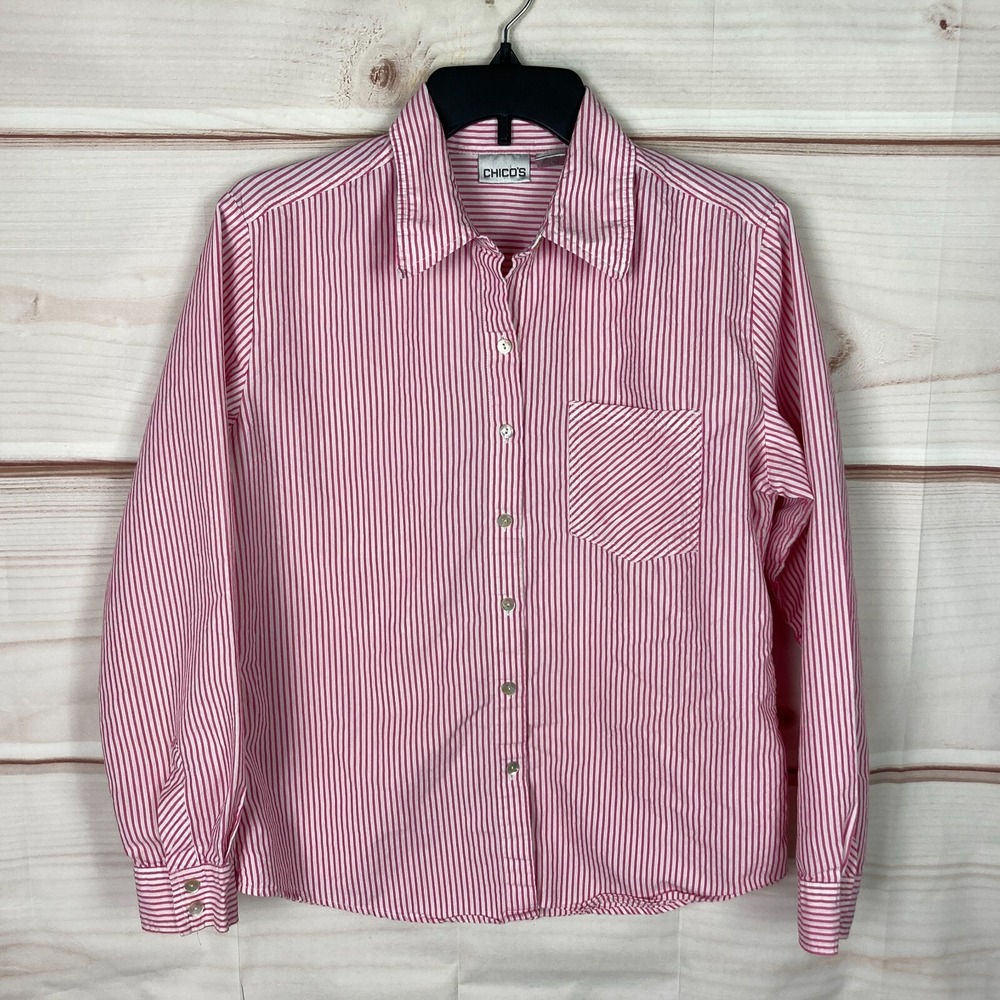 Chicos Top Womens 1 8 Pink White Stripe Shirt Collar Pocket Long Sleeve Woven